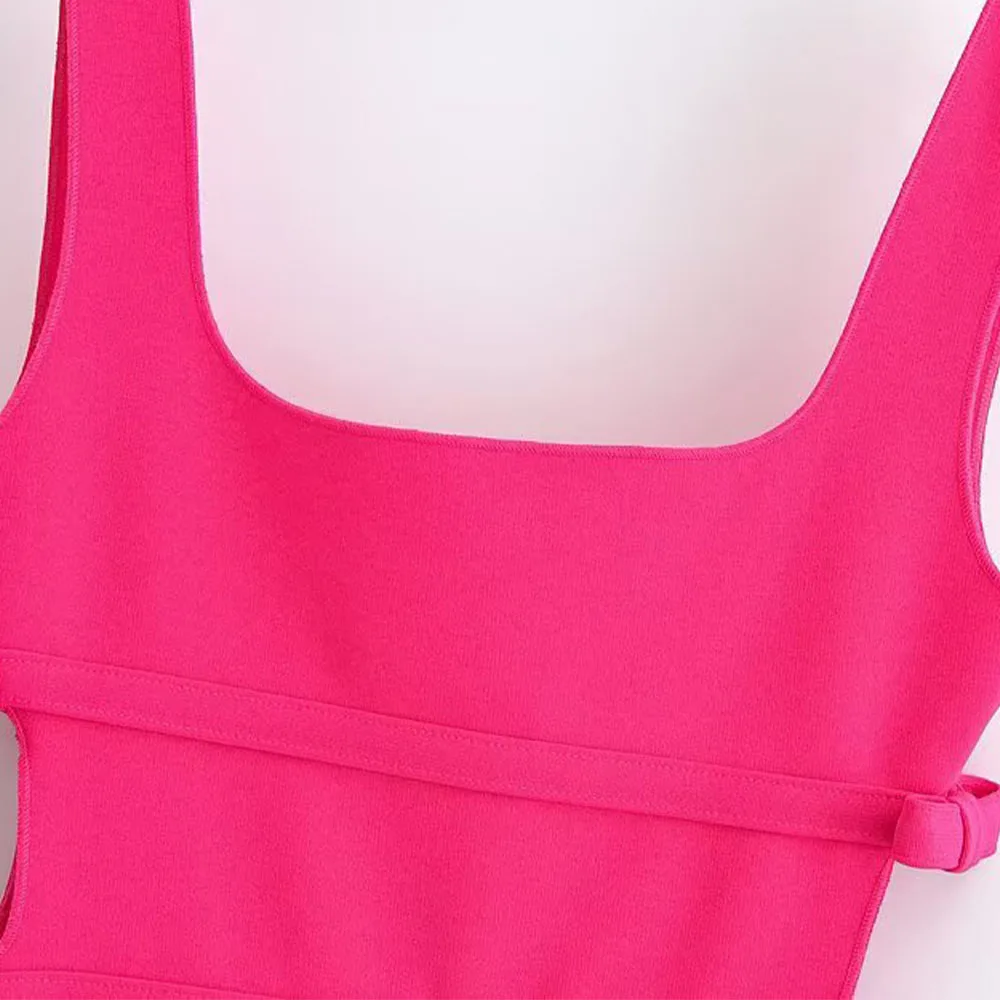 レディース シンプル オープンバック ミニドレス リボン ベルト スクエアネック セクシー ミッドウエスト ソリッドカラー Aライン ドレス 春夏新作 シック トップ