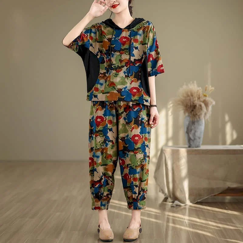 

Cotton Linen Pants Sets Artistic Half Sleeve Vintage Printed Tops Casual Pants Loose Korean Style Two Piece Sets Women Outfits