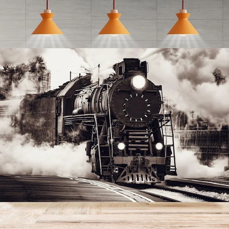 

Старый паровой поезд фон для фотосъемки паровоз локомотив дождевая станция фон для праздника путешествия вечерние фон настенный баннер