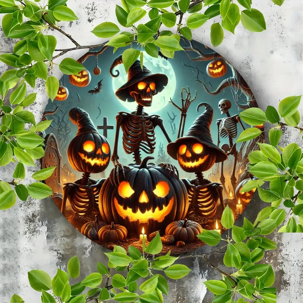 لافتة معدنية فزاعة رعب الهالوين ثنائية الأبعاد، فن معلق من القصدير الدائري المطبوع المسطح، ديكور جداري مقاس 8 بوصات