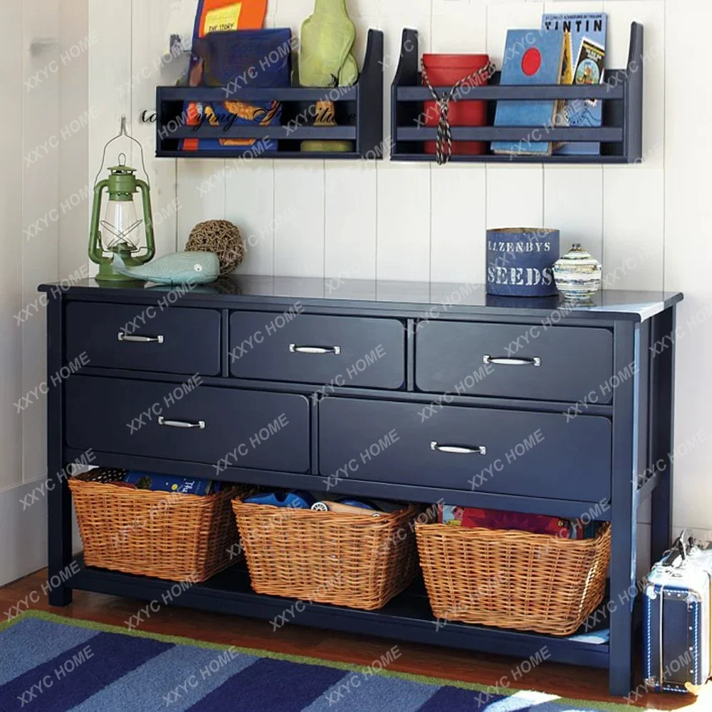 Solid Wood Dark Blue Children Dresser Boys Bedroom Chest of Drawers Teenager Simple Storage