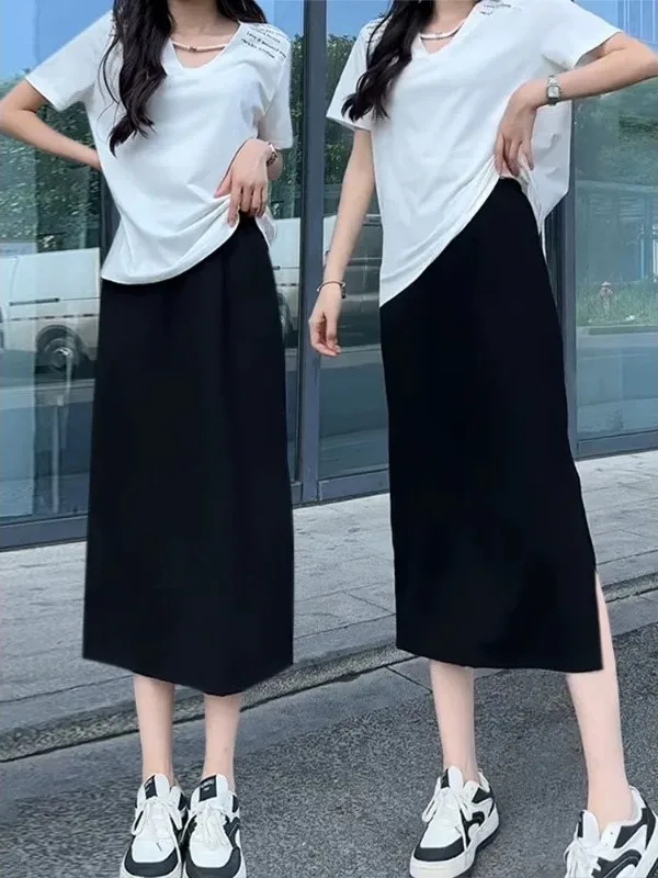 plus Size Black Asymmetrical A-Line Midi Skirt Women's Spring Summer New Style Slimming Casual High Waist Polyester Fiber