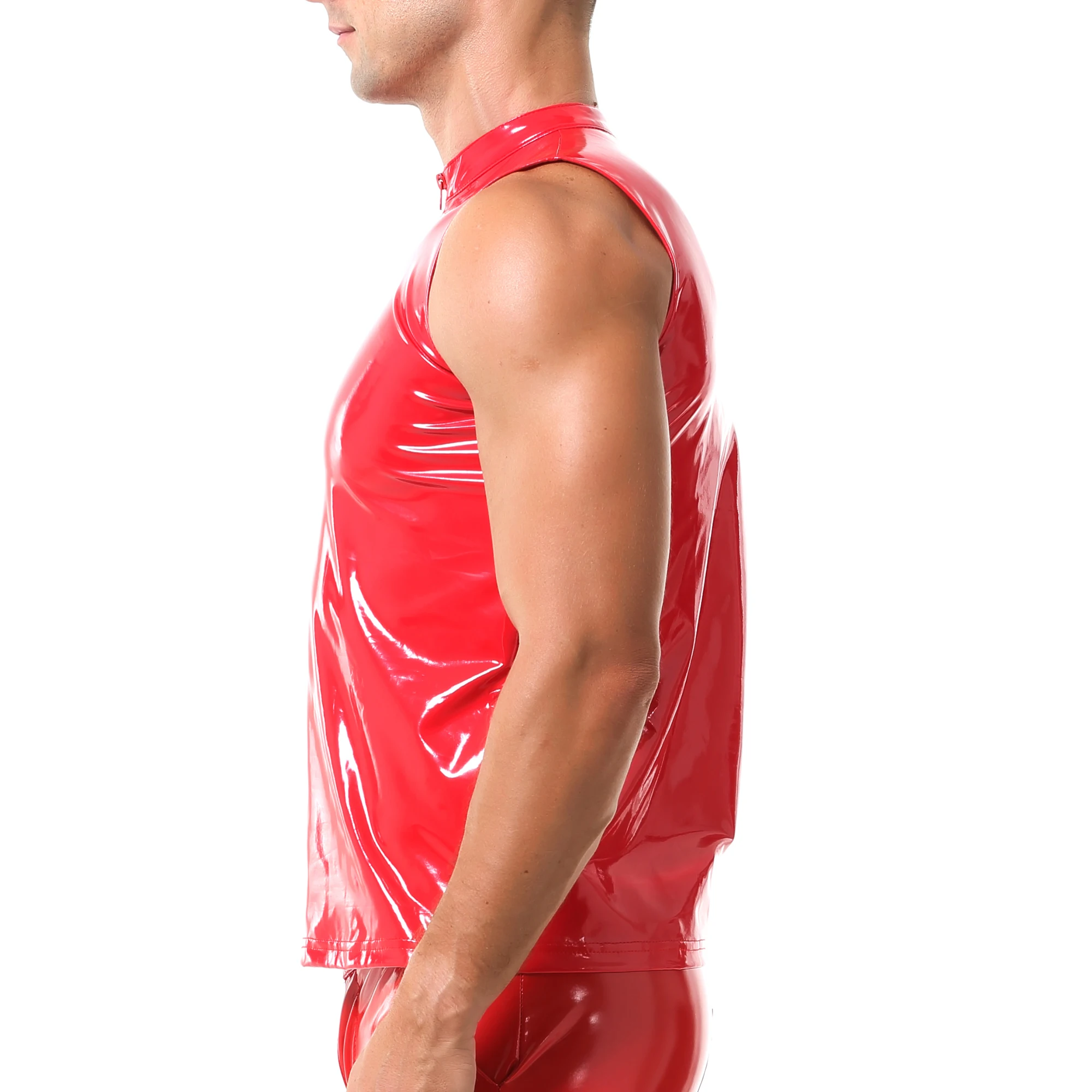 Stylish Mens Stretchy Sexy Zipper Tank Tops Glossy Wet Look PVC Leather Sleeveless T-Shirts Slim Fit Vest Rave Party Clubwear