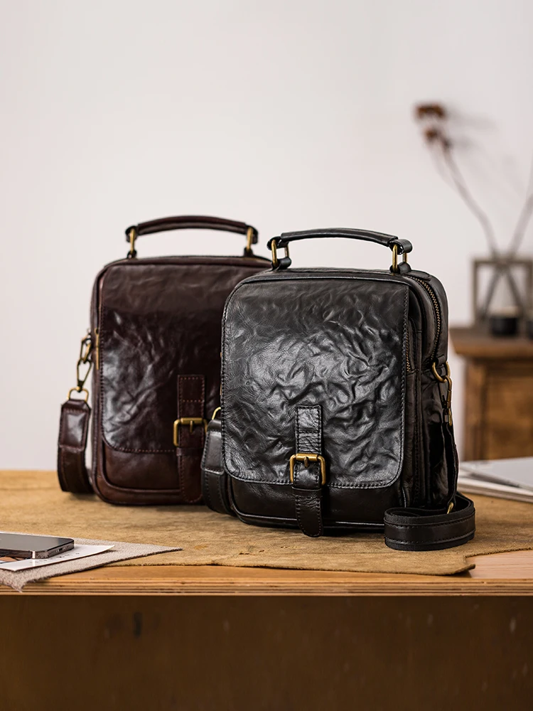 PNDME high-quality first layer cowhide men mobile phone bag outdoor daily work natural genuine leather shoulder crossbody bag