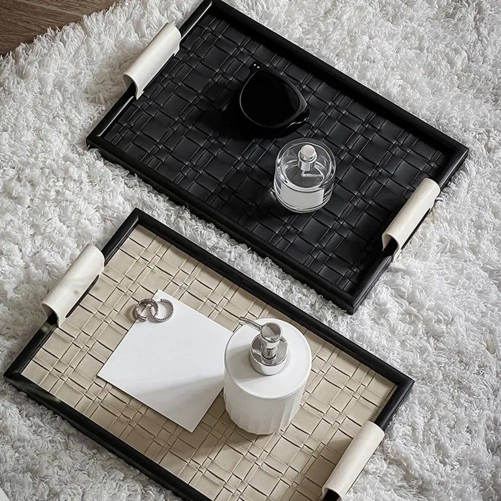 

Black/Beige Woven Leather Storage Tray Rectangle Handmade Leather Wooden Tray with Handle Cosmetic Sundries Plate for Home