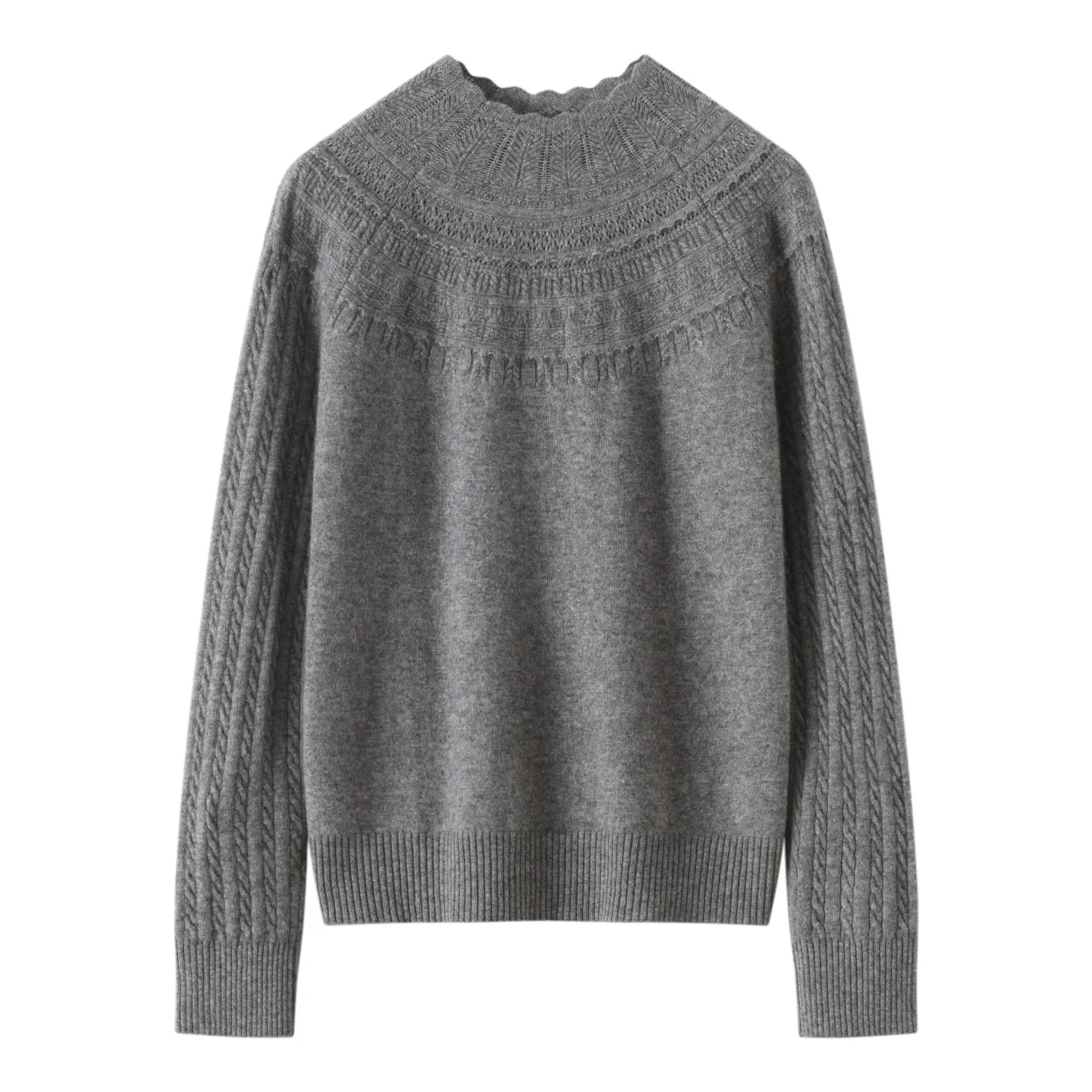 Autumn Winter New 100% Premium Cashmere Lace‑Trim Mock Neck Cable‑Knit Knit Top Women Vintage Gentle Elegant Pullover Sweater