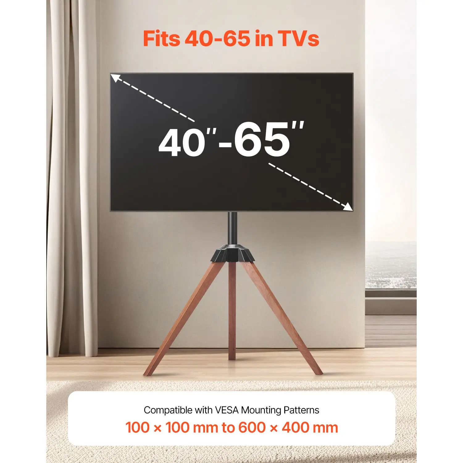Tripod Easel TV Stand, for 40-65 inch Flat Screen/Curved TVs Up to 99 lbs, 18° Left-Right Rotation Portable TV Stand with Oak Wood Legs, for Bedroom, Living Room, Studio, MAX VESA 600 x 400 mm - view 3