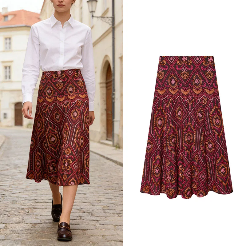 

Женское богемное длинное платье с вышивкой, завышенной талией, расклешенным подолом, этническим принтом и ажурными деталями, повседневное, универсальное, в стиле юбки