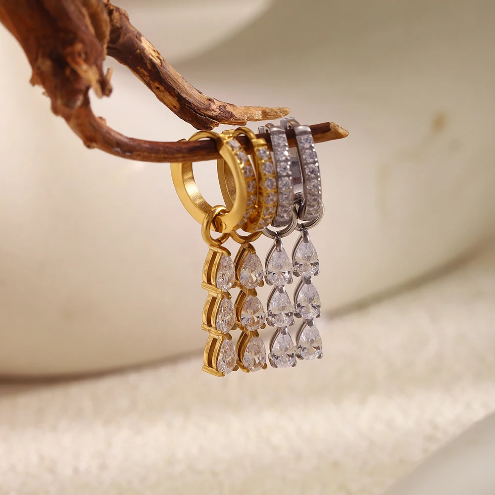 Women's 18K Gold Plated Stainless Steel Water Droplet Earrings Micro Inlay Jewelry Gift