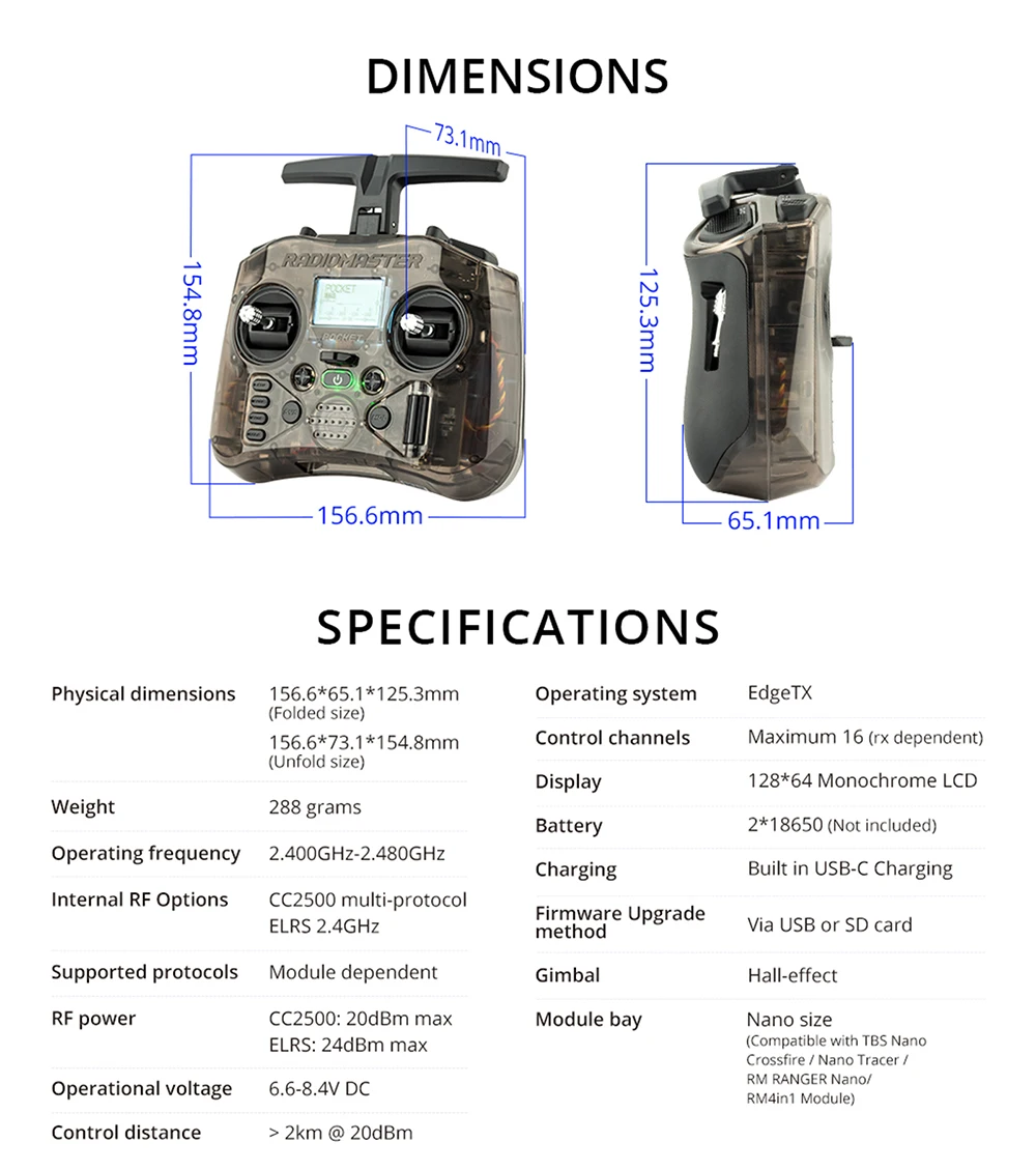 

Карманный карманный подвесной передатчик RADIOMASTER ELRS/CC2500, портативный пульт дистанционного управления со встроенной светодиодной подсветкой, складная антенна для RC FPV