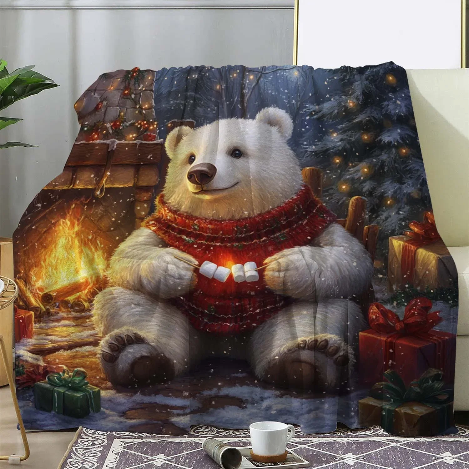 

Cozy Polar Bear by Fireplace Throw Festive Winter Blanket for Christmas Decoration Ideal Gift for Bedroom or Living Room