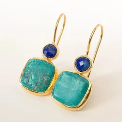 Vintage Square Inlaid with Green Stones Earrings Women Classic Personality Gold Color Blue Stone Dangle Earrings Jewelry