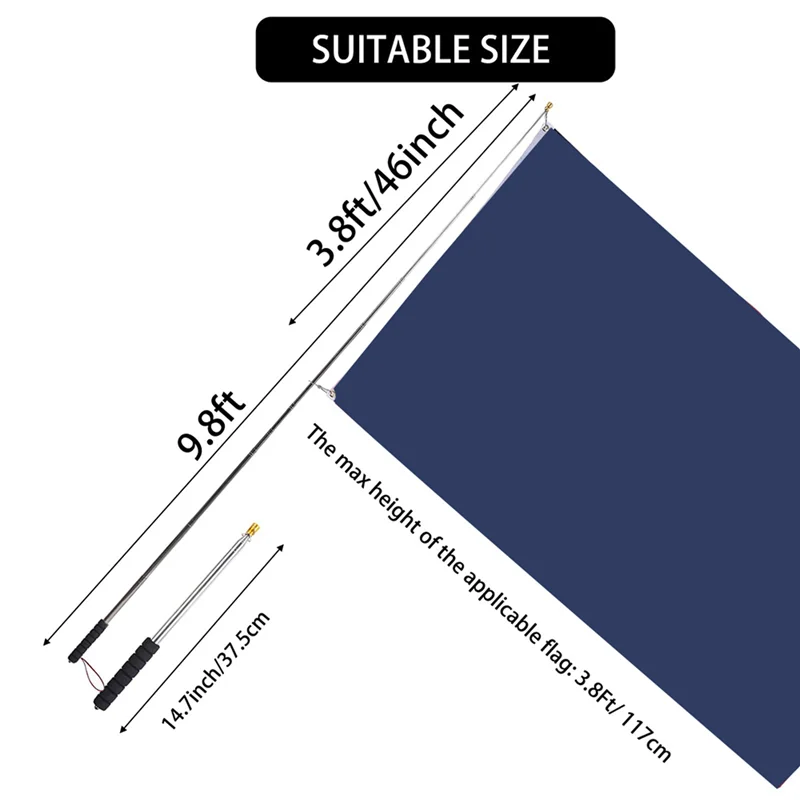 PORK-2Pcs 9.8Ft mât de drapeau télescopique, mât de drapeau rétractable extensible portatif en acier inoxydable avec poignée antidérapante