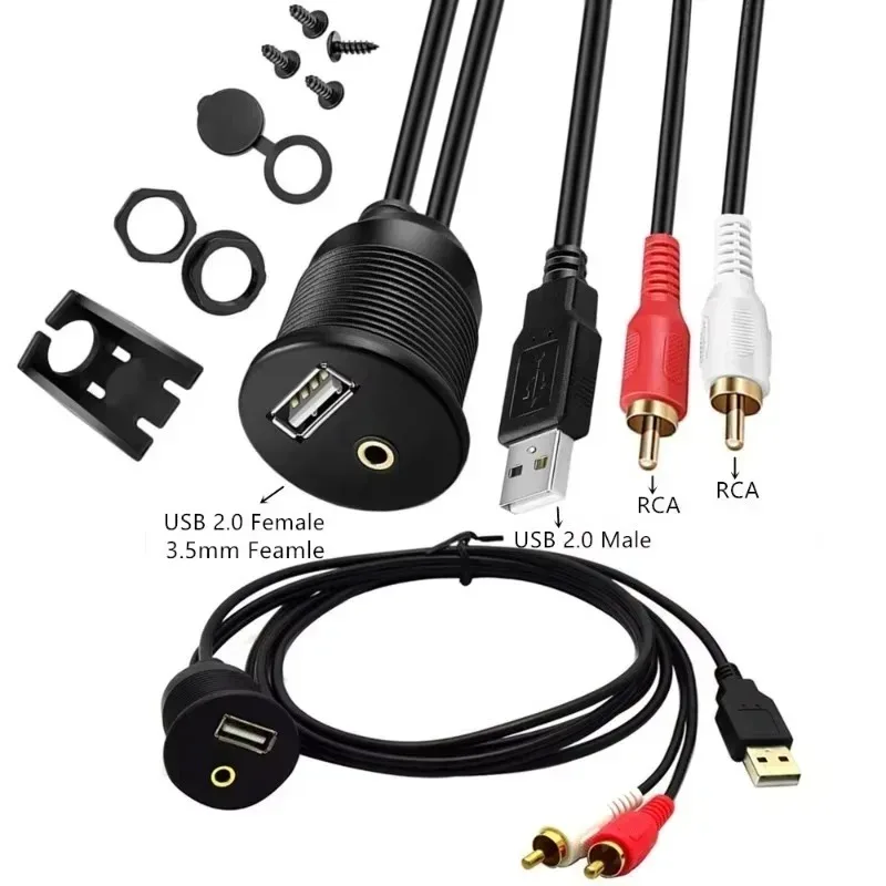 Car Dashboard Flush Mount Panel 3.5mm Audio Waterproof Cable Male to Female USB2.0 socket Extension For Car Motorcycle