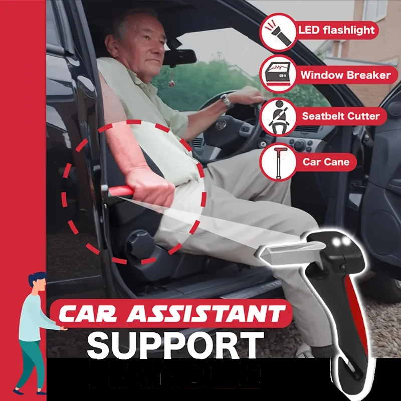 Portable Vehicle Support Grab Bar - Emergency Escape Tool, Equipped With Window Breaker, Seat Belt Cutter, LED Flashlight