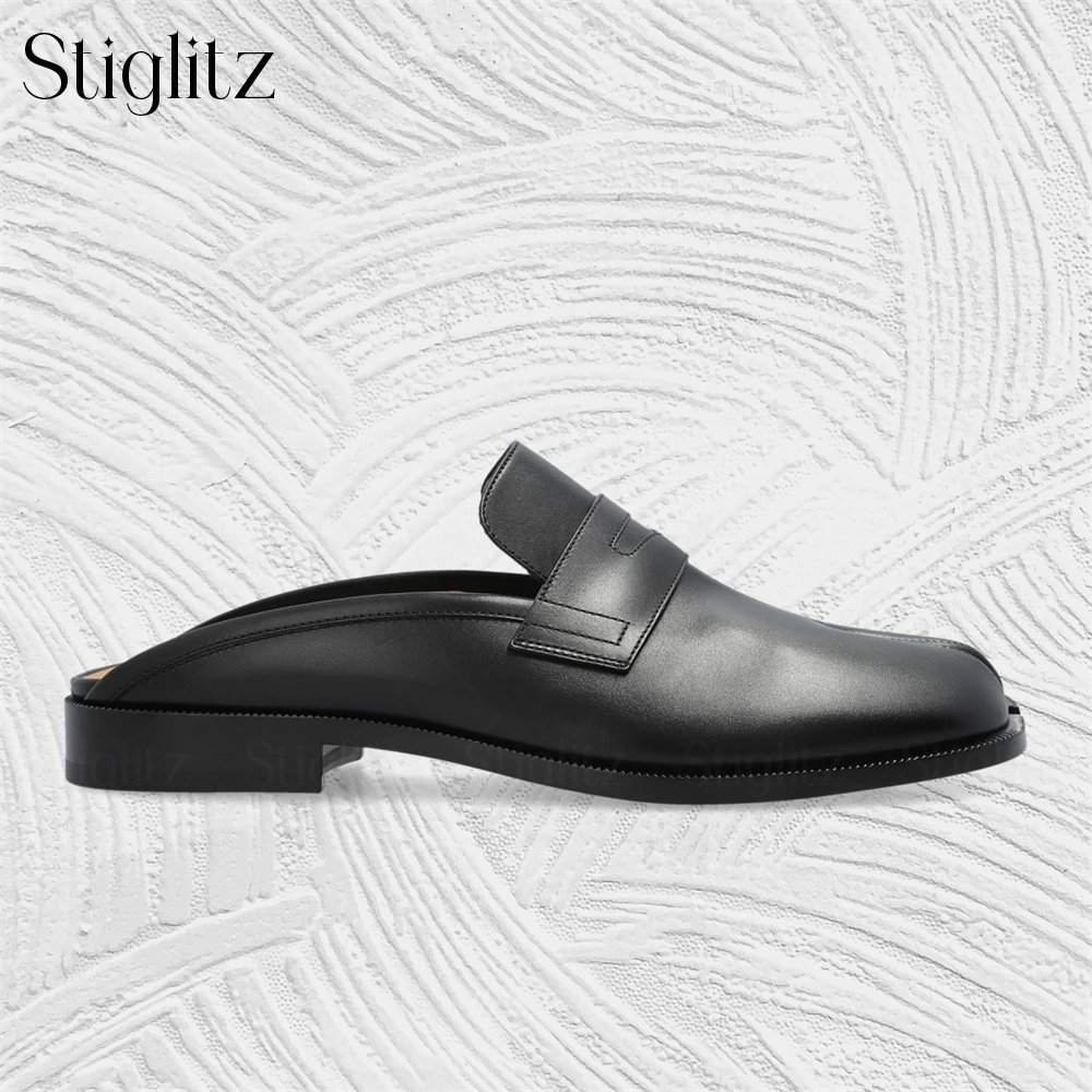 Tabi Open Back Mules Black Leather Slippers Slip on Square Tabi Toe Summer Shoes Novelty Style Comfortable Leather Flats for Men