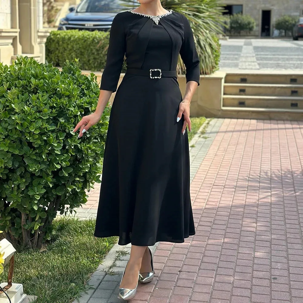 

Customized A-line Evening Dresses Tea-length O-neck Three Quarter Sleeve Prom Gown Fashion Crystal Simple Draped Party Gown