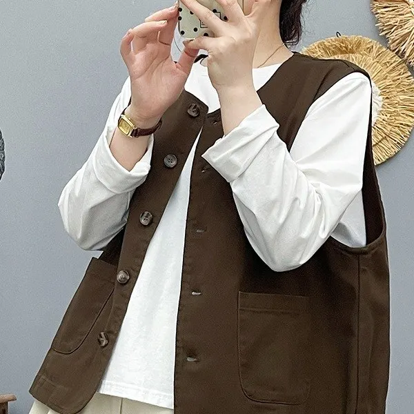 

Spring New Women's Svel round Ne Vest Versatile ket Outerwear Jaet Match All Season Color Faionable Top