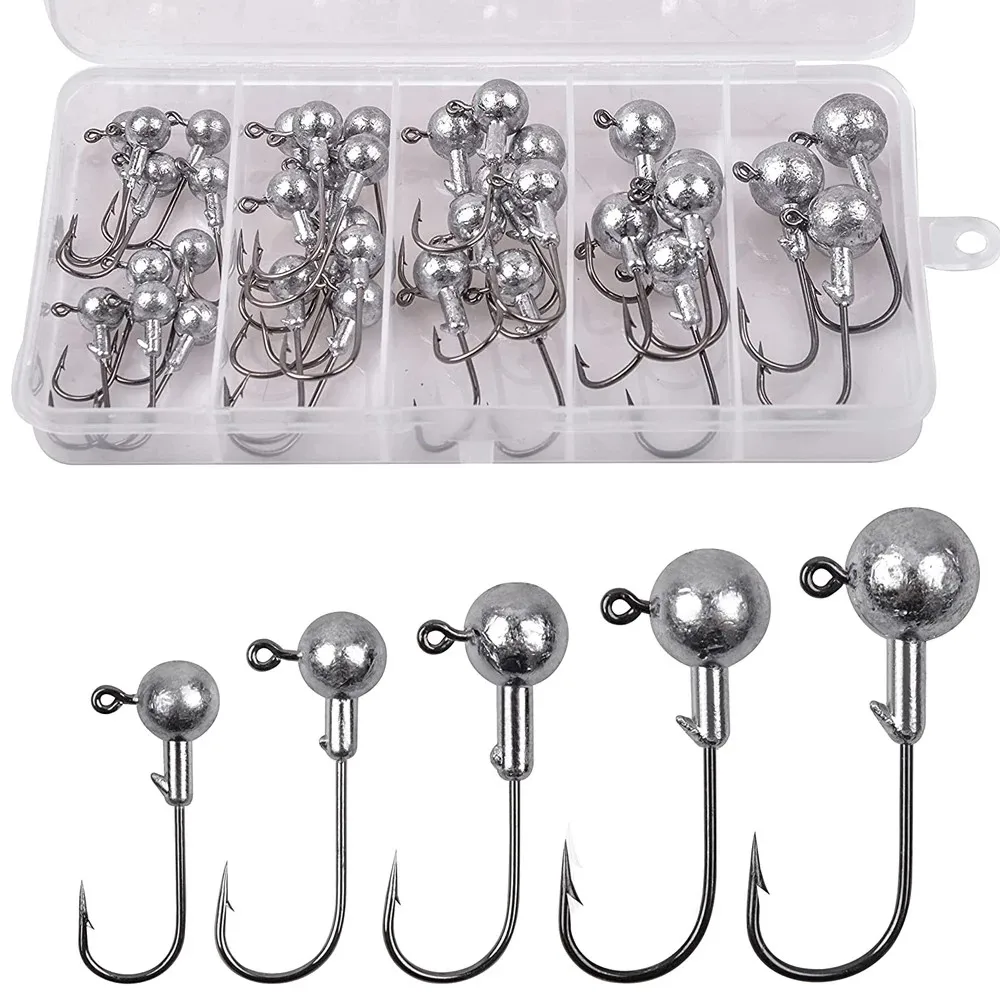 36Pcs Crank Jig Head Hooks Fishing Hooks Lead Jig Head Lure Hard Bait Soft Worm Round Ball Jig Hooks for Crappie Bass Trout