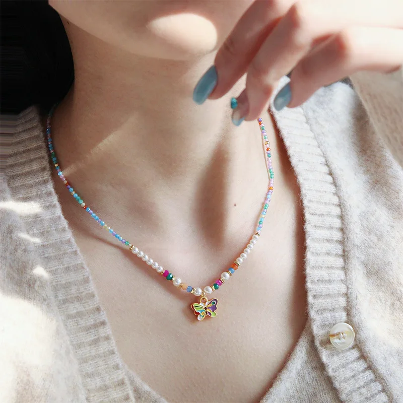 

Handmade Colorful Enamel Butterfly Pendant Women Necklace Trenday Natural Pearl Stone Beads Strand Collar Neck Jewelry