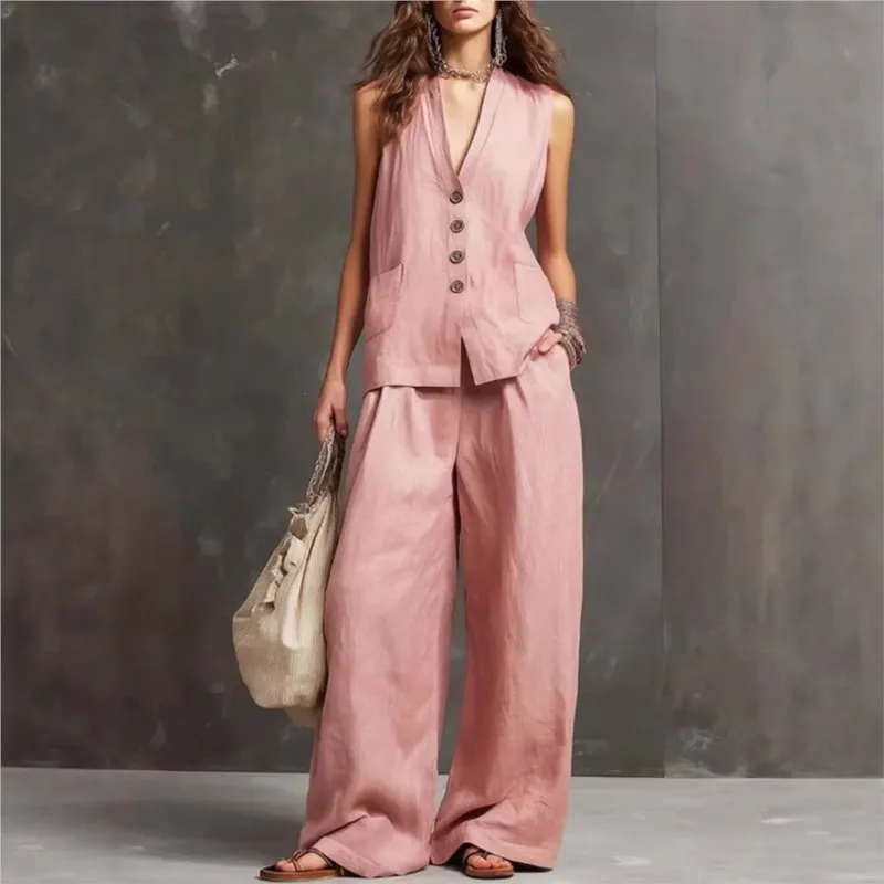 Women's Fashion Solid Linen Cotton Casual Two Piece Sets Summer V-neck Single-breasted Vest Top And Wide-leg Trousers Outfits