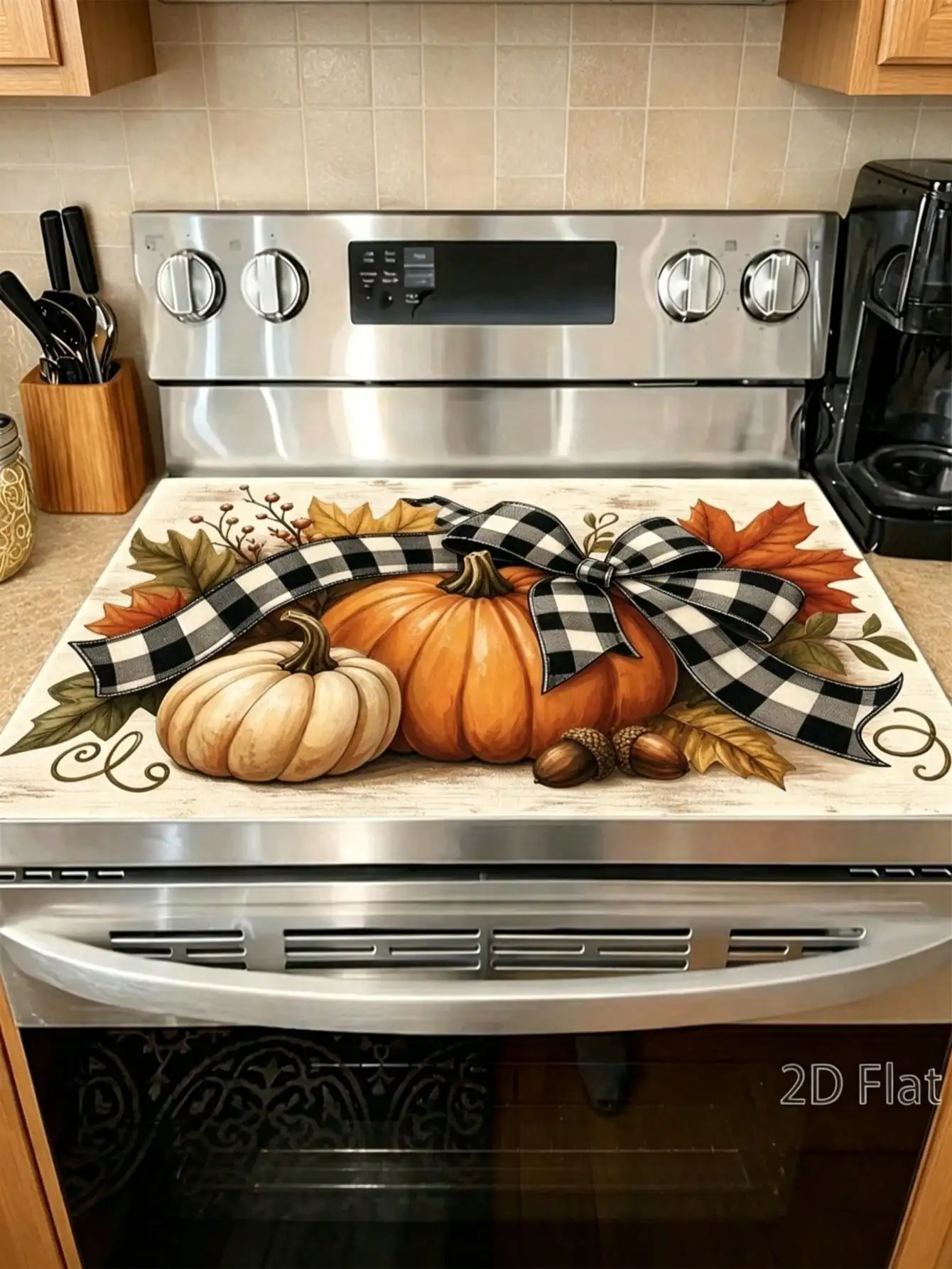 2D Flat, Autumn Harvest Pumpkin Pattern Stove Top Cover, Rustic Plaid Bow Design, Cozy Fall Kitchen Decor, Scratch Resistant, Durable & Reusable Stove Top Cover Board, Ideal For Glass, Kitchen Essentials, Fall Decor, Fall Home Decor