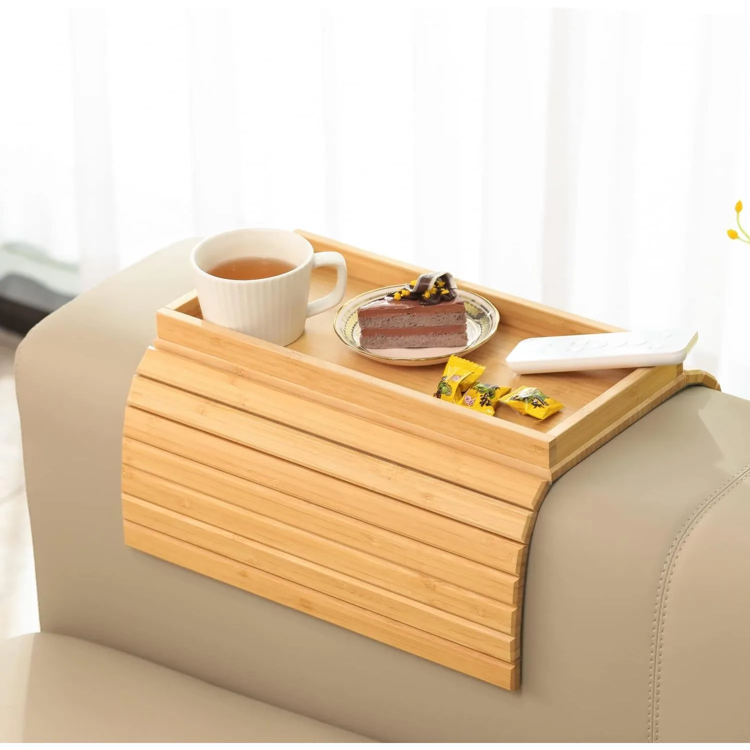Bamboo Foldable Sofa Arm Tray Anti-Falling Couch Side Table with Cup Holder for Drinks And Phone Control Portable Armrest Table