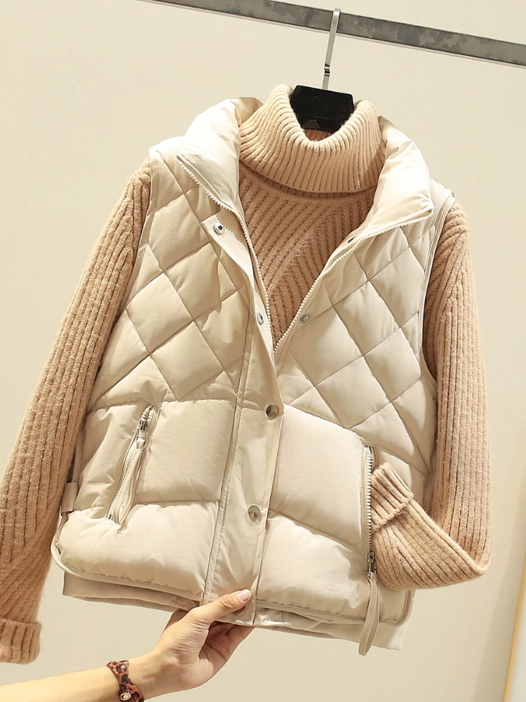 

Stand Collar Zipper Pocket Women's Vest Autumn Winter Diamond Cotton Vest Jacket Female Loose Warm Office Lady Jackets Women