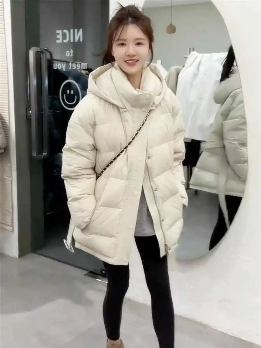 

Women's Hooded Waist-Cinching down Jacket 2024 Winter Thickened Warm White Duck Feather Coat Beltable Slimming Korean Style