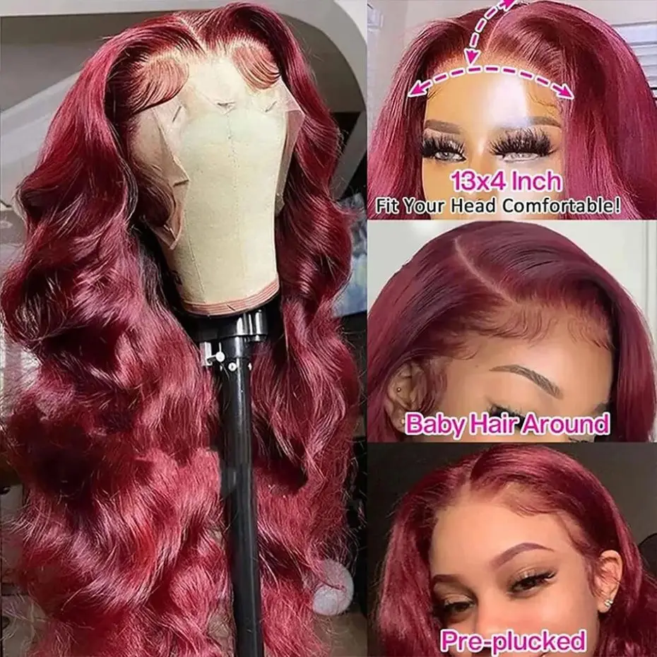 Peruca frontal de renda transparente para mulheres, cabelo humano, onda corporal, bordô, vermelho, brasileiro, 99J, 13x4, 13x6