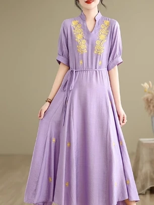 Retro embroidery v neck Dress puff Sleeve loose Beach Vacation Women Korean Fashion Summer Vestidos dresses