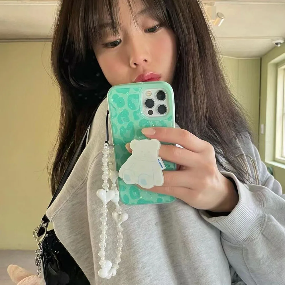 Kpop Phone Charm Wholesale White Heart Striped Bead Chain for Cell Phone Strap Jewelry Telephone Accessories Mobile Lanyard