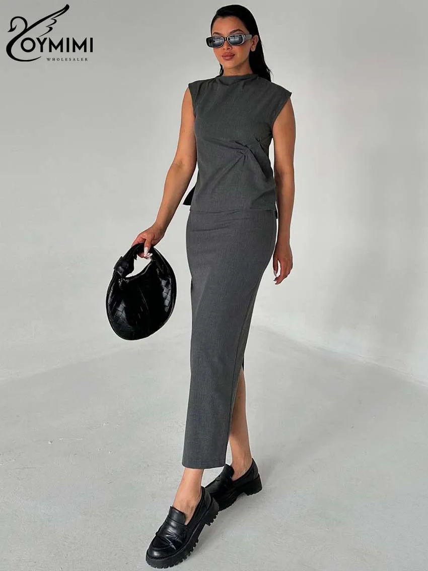 Oymimi Elegant Grey Slim Two Piece Set For Women Fashion O-Neck Sleeveless Button Blouses And Straight Slit Skirts Female Sets