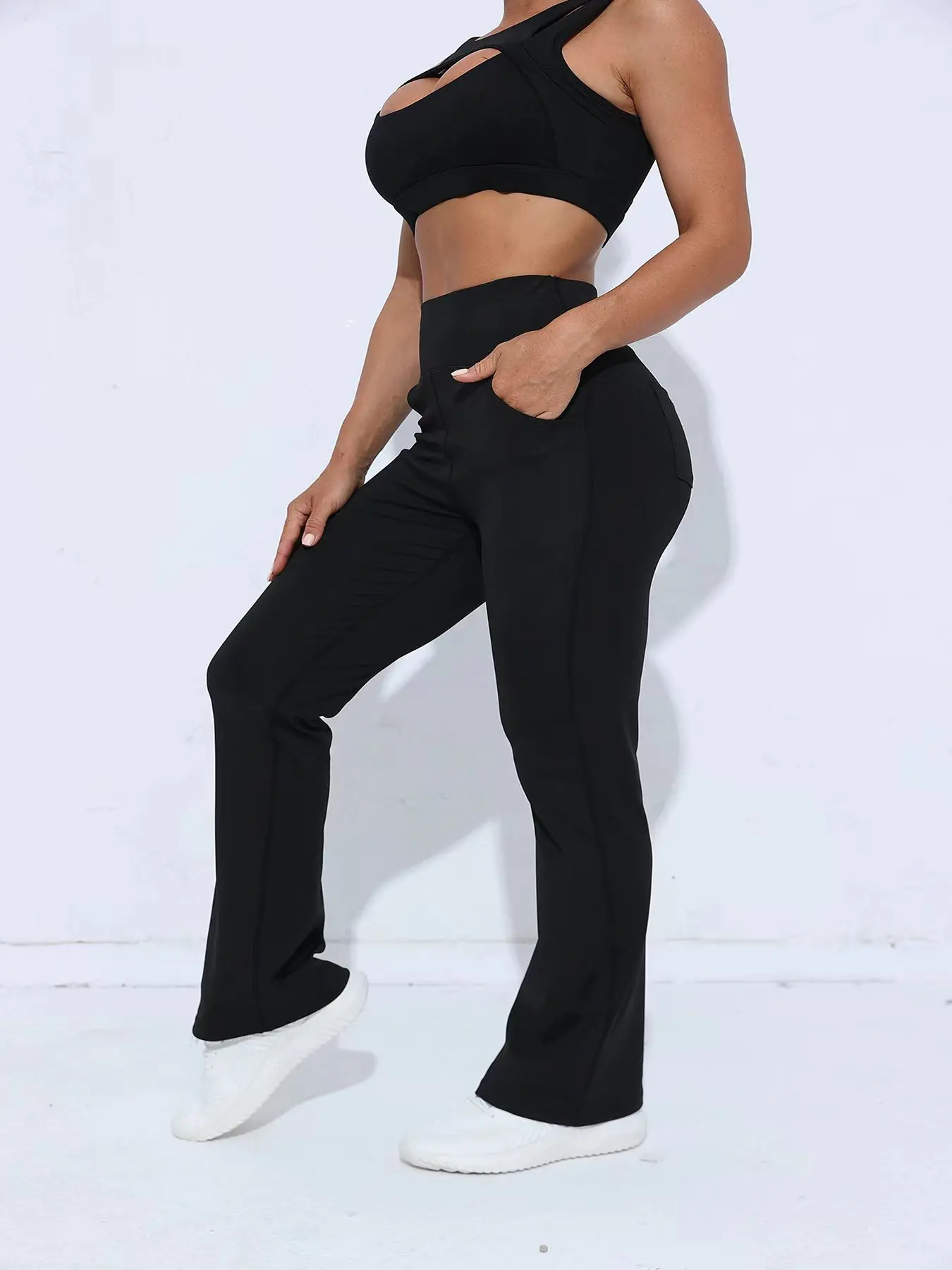 

Fitness wide-leg yoga pants, 4-pocket high-waist abs-slimming sports pants, women's sportswear.