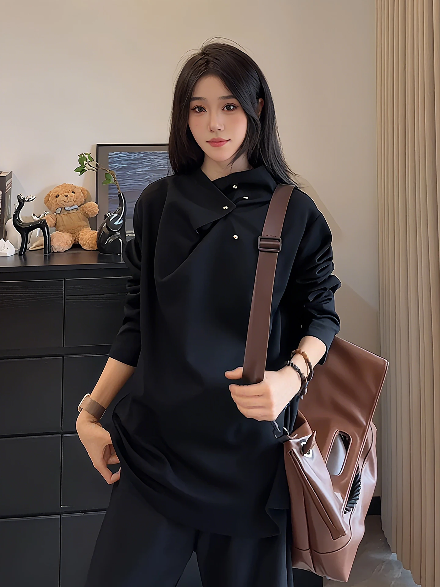 

Irregular Bla Long Sve Hoodie High Street Sle Men's Autumn Winter f High Collar Base irt Metal Accory Decorate...