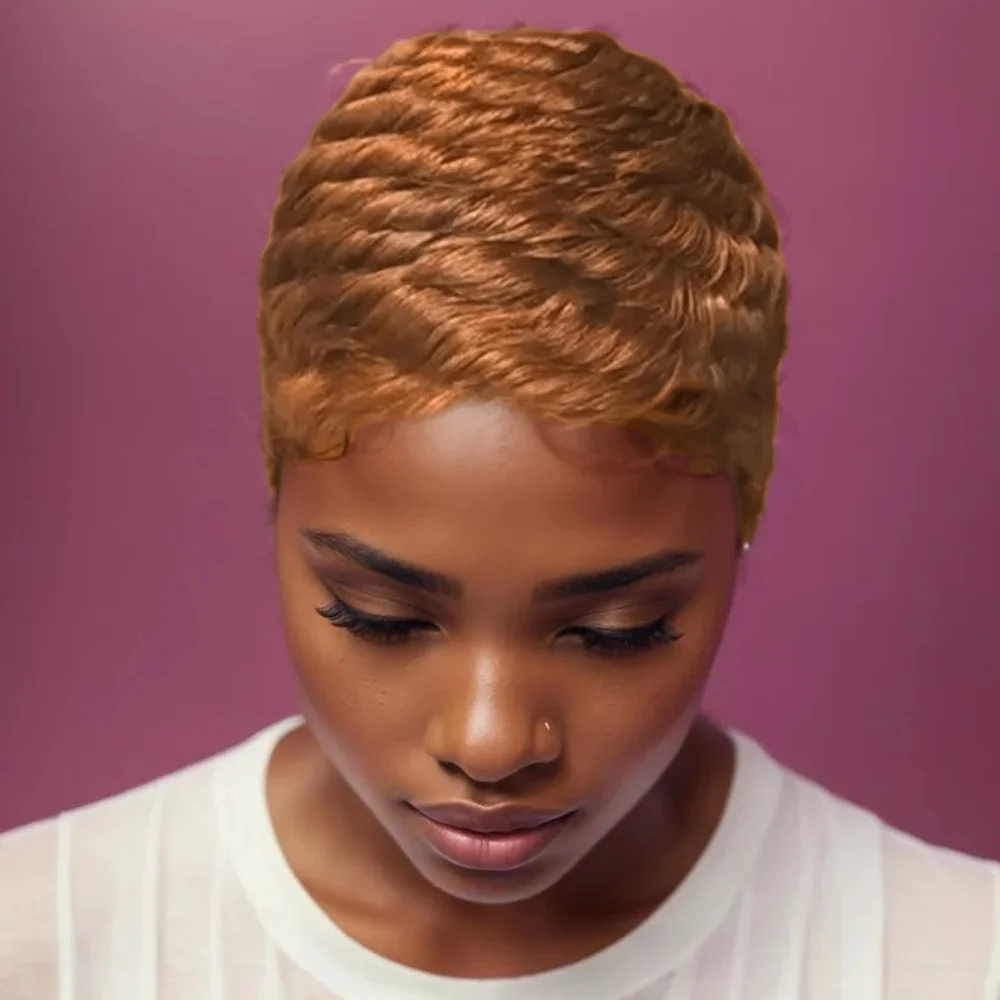 짧은 레이어드 픽시 헤어컷 앞머리가 있는 전체 기계 제작 가발 브라질 스트레이트 인모 30가지 색상(매일 사용)