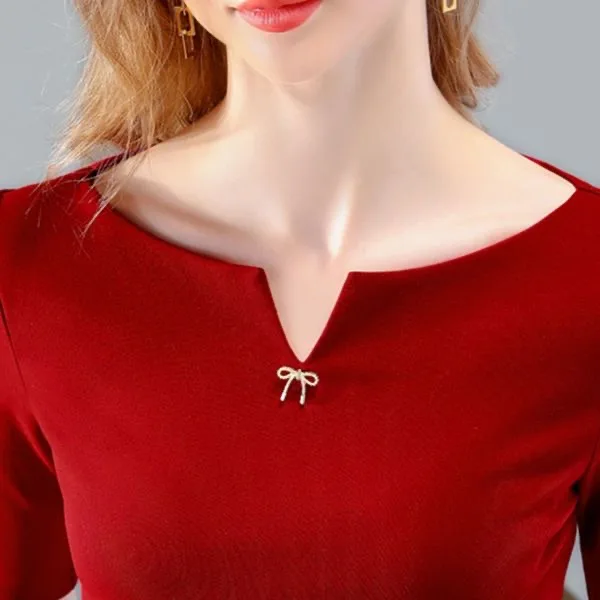 Women Shirts Tops Lady Casual V-Neck Short Sleeve brooch decor Slim Red color Blouse Tops QT050