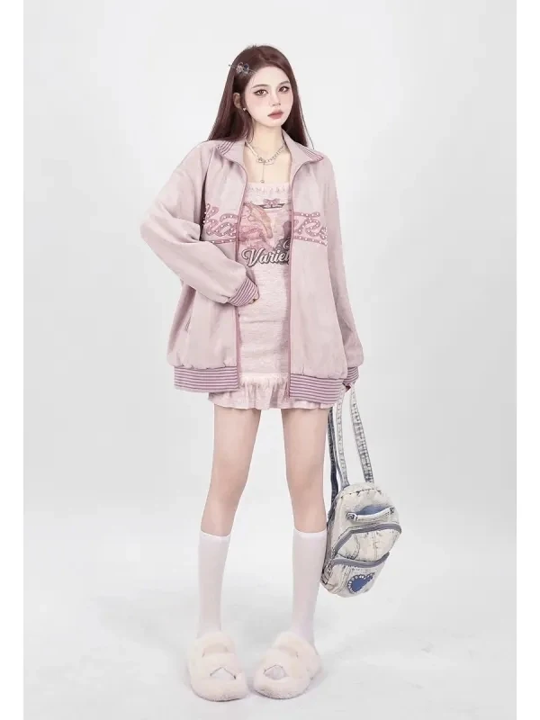 

American Sle Baseball Jaet And Dr Set with Ruffle Detail Light Purple Sweet And Spicy Girl Outfit High Waist Skirt