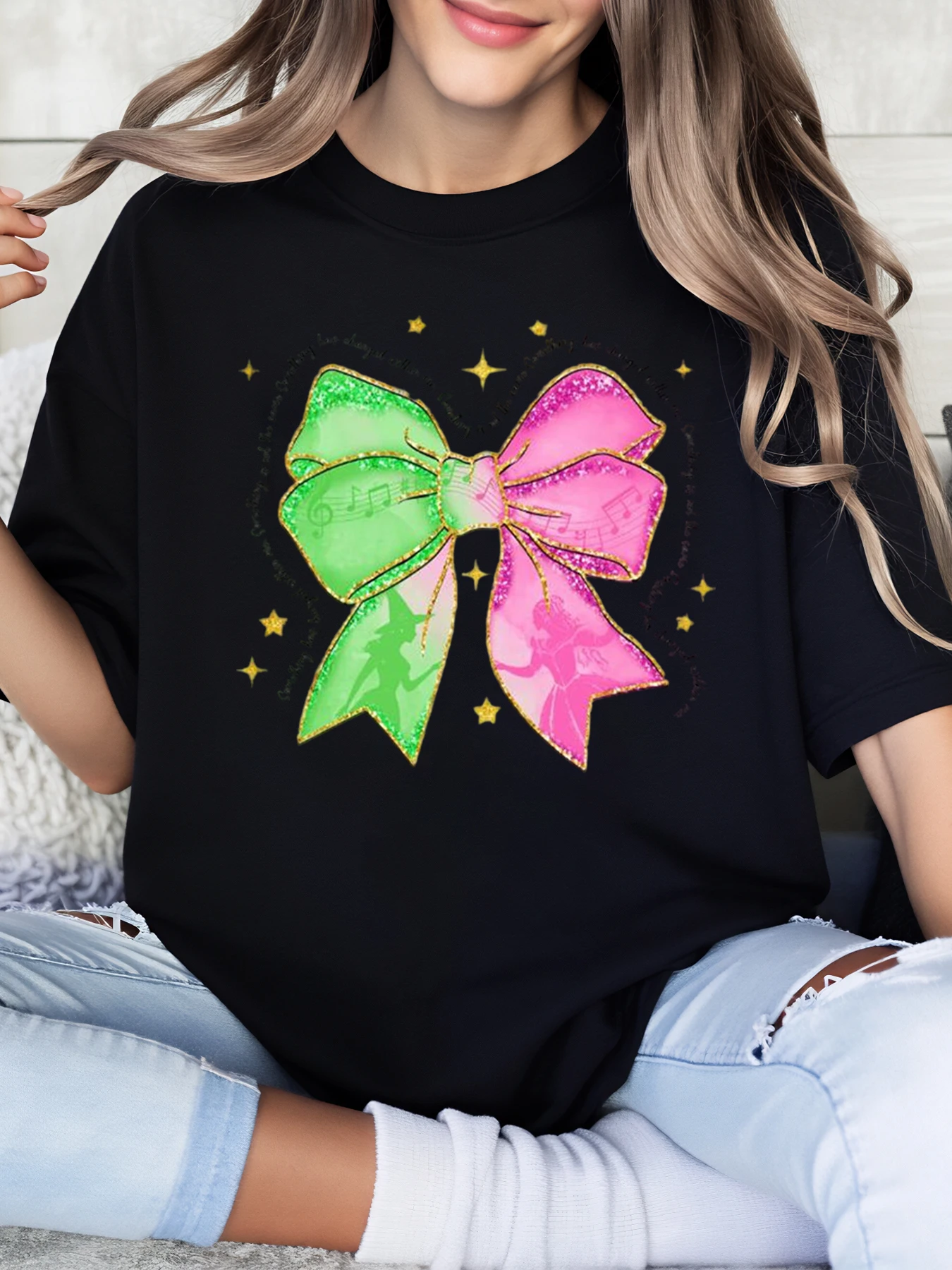 

Christmas Bow Print Holiday T-Shirt Women Casual Wear Party Outfit Black Plus-Size