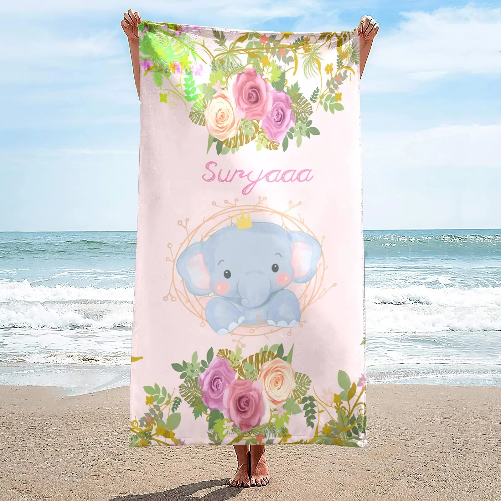 Custom Name Beach Towel for Kids Girls Boy Teen Personalized Cute Cartoon Elephant Bath Towel for Travel Beach Pool Gym Yoga Mat