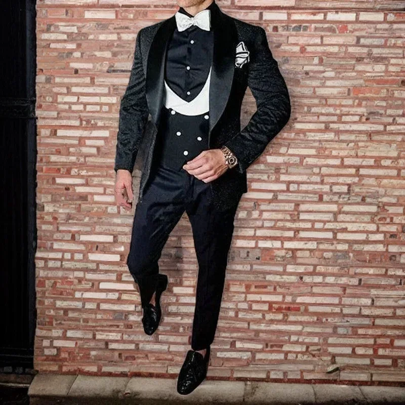 

Jacquard Groomsmen Suits Shawl Lapel For Wedding Prom Men's Tuxedos Floral Best Man Blazer Jacket Pants Vest