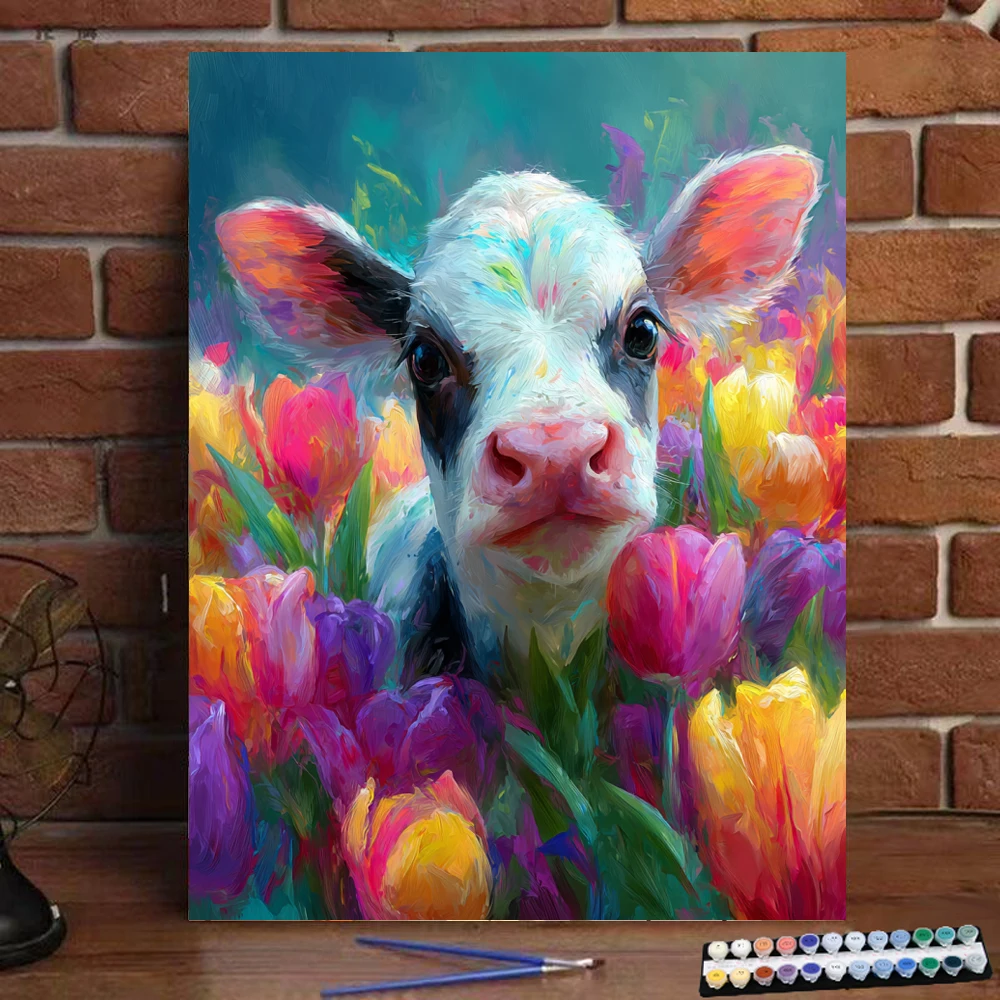 

Картина по номерам теленка среди куста тюльпанов, цифровая живопись, ручная работа, подарок для взрослых и детей, украшение на стену D
