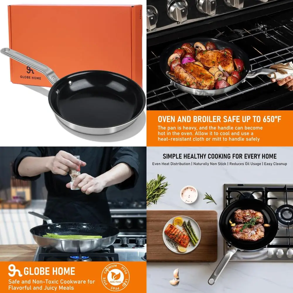 

10 Inch Nonstick Ceramic Frying Pan - 5 Ply Stainless Steel Clad, Professional Cookware, PTFE and PFOA Free, Healthy Cooking Ski