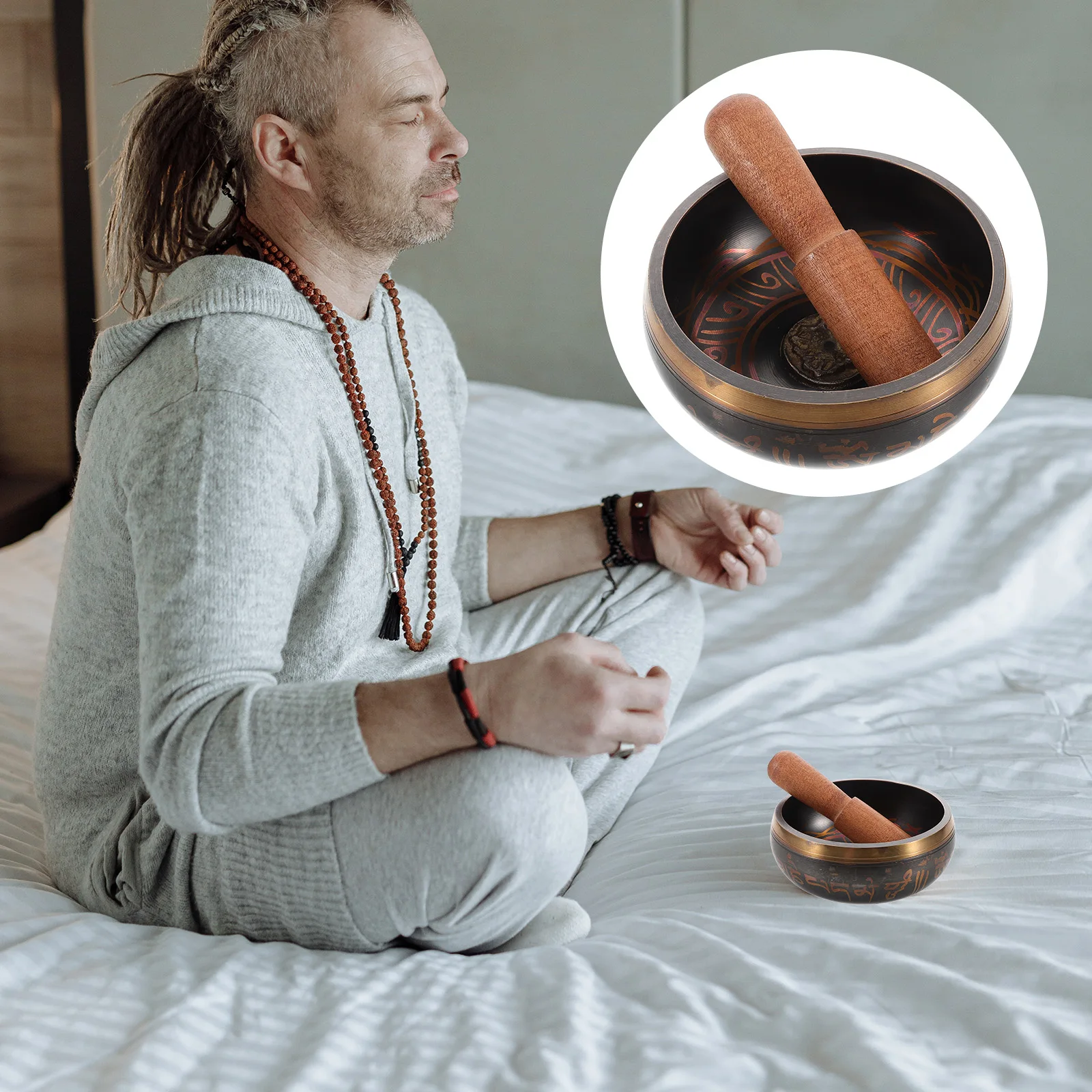 

Relaxation Singing Bowl Meditation Accessories Copper Music Terracotta Basin with Mallet Wood Sound Bowls
