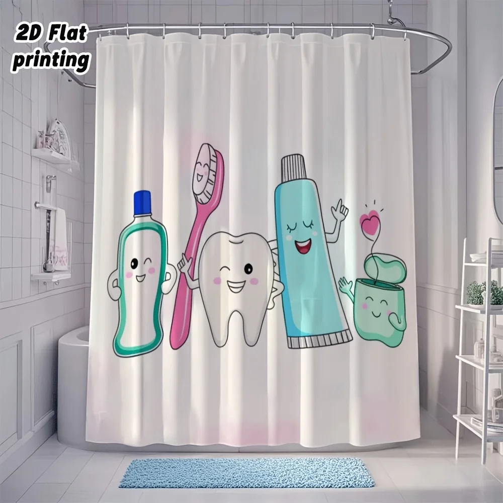 Cute Dental Theme Shower Curtain Waterproof Bathroom Bath Liner Cartoon Toothpaste Brush Teeth Novelty Home Decor