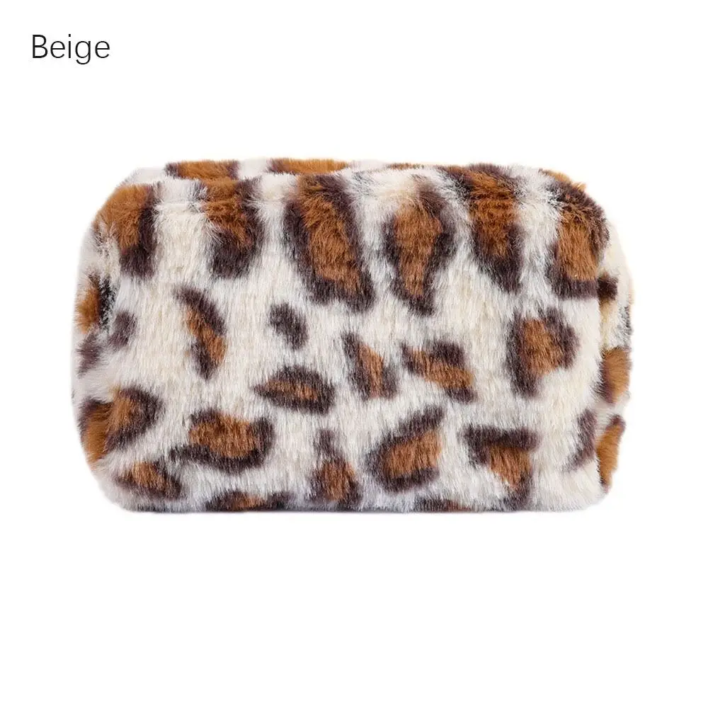 Durable Plush Makeup Bag Large Capacity Zipper Cosmetic Bag Leopard Print Portable Travel Organizer