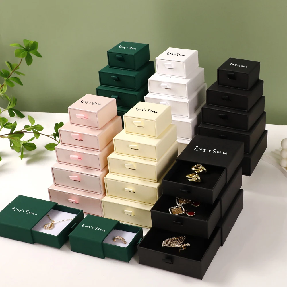 

100Pcs Beige Jewelry Paper Box With White Sponge Black Paper Case For Earrings Stud Watch Necklace Ring Microfiber Bag Packaging