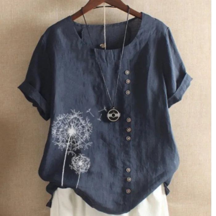 Loose Cotton Linen Women's T-Shirt Summer Print