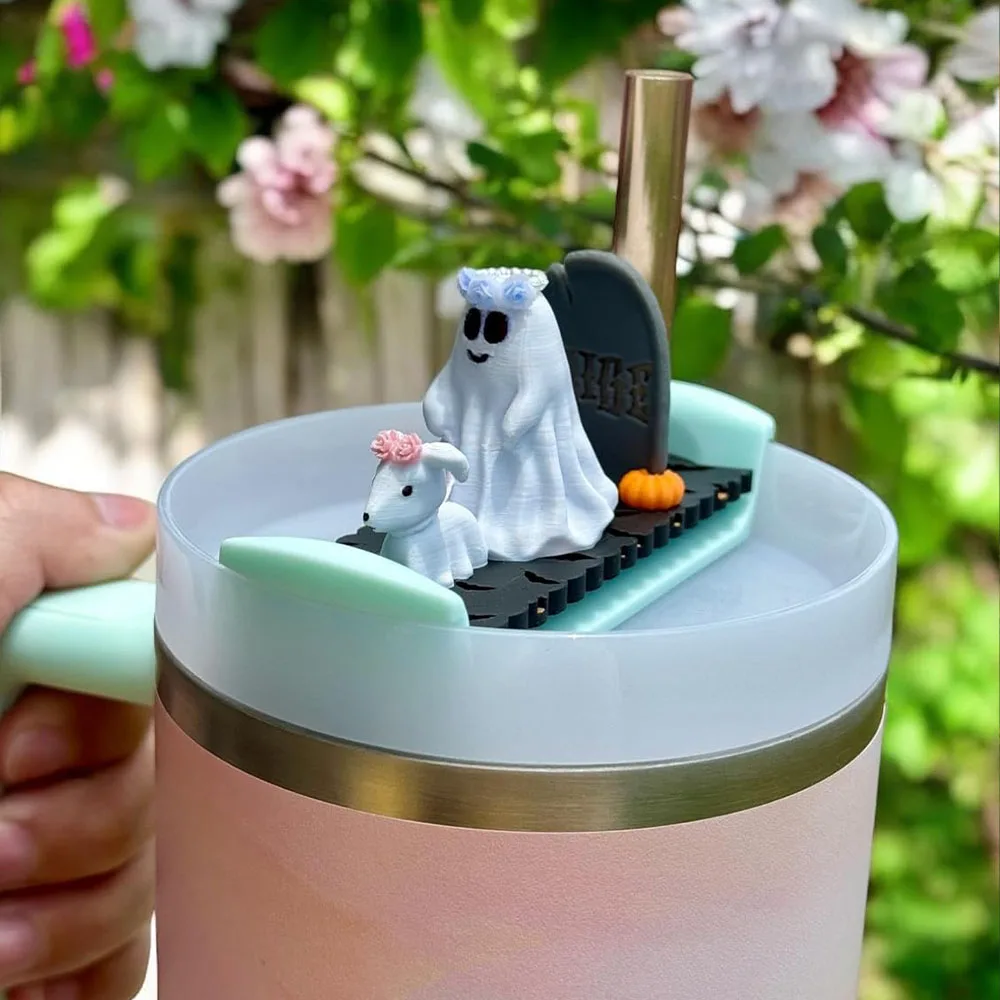 Ghost Halloween Walking Dog Lid Topper Decor Cute Ghost walking dog cup lid Topper Halloween Cartoon Walking Dog Water Bottle