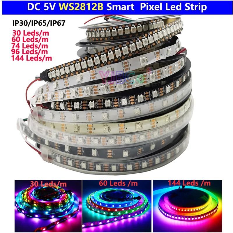 

DC5V 1m 2m 5m WS2812B Led Strip 30/60/74/96/144 leds/m Individually Addressable 5050 RGB Smart Pixels LED Tape Lamp IP30/65/67